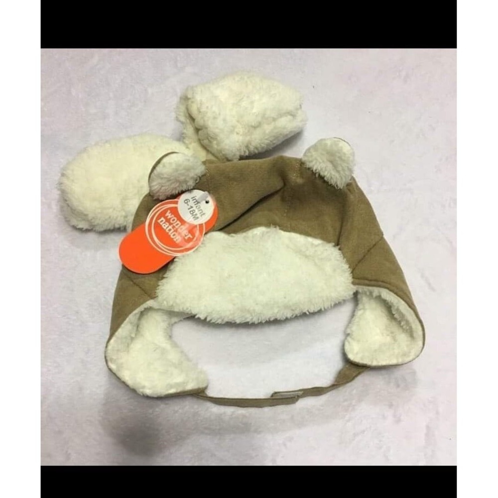 Wonder Nation Trapper Hat Infant 6-18M Tan New Faux Suede Fur Bear Ears Set